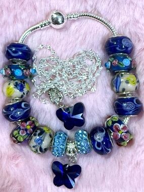 Italian Blue Murano Glass Floral Charm Bracelet & Butterfly Necklace Set 20”